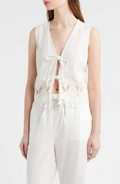 Oregon Embroidered Eyelet Sleeveless Cotton & Linen Tie Front Top
