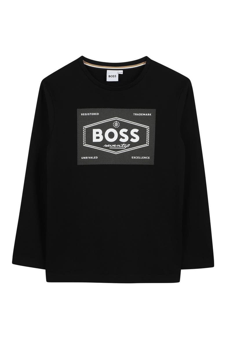 Kids' Logo Long Sleeve Cotton Graphic T-Shirt, Main, color, BLACK