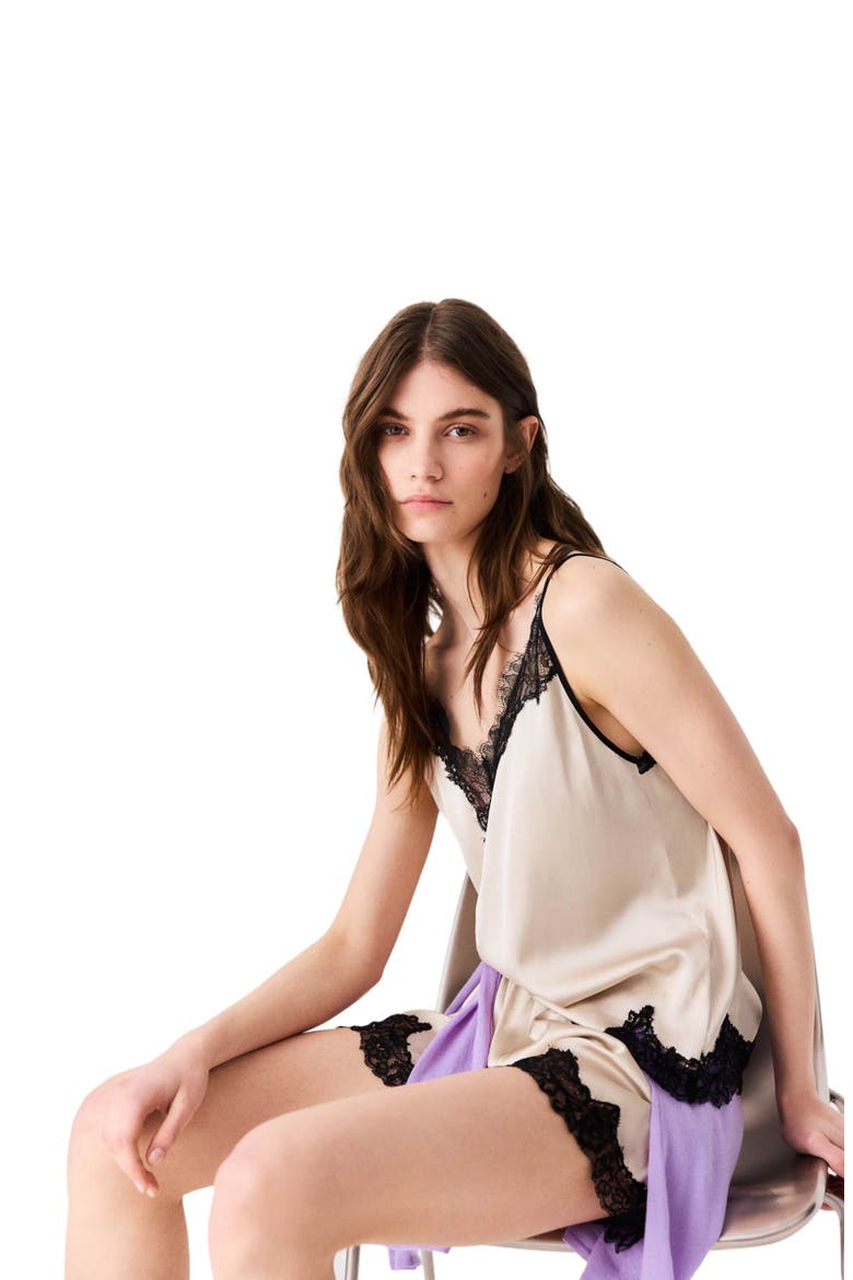 Satin top with lace details, Alternate, color, Beige
