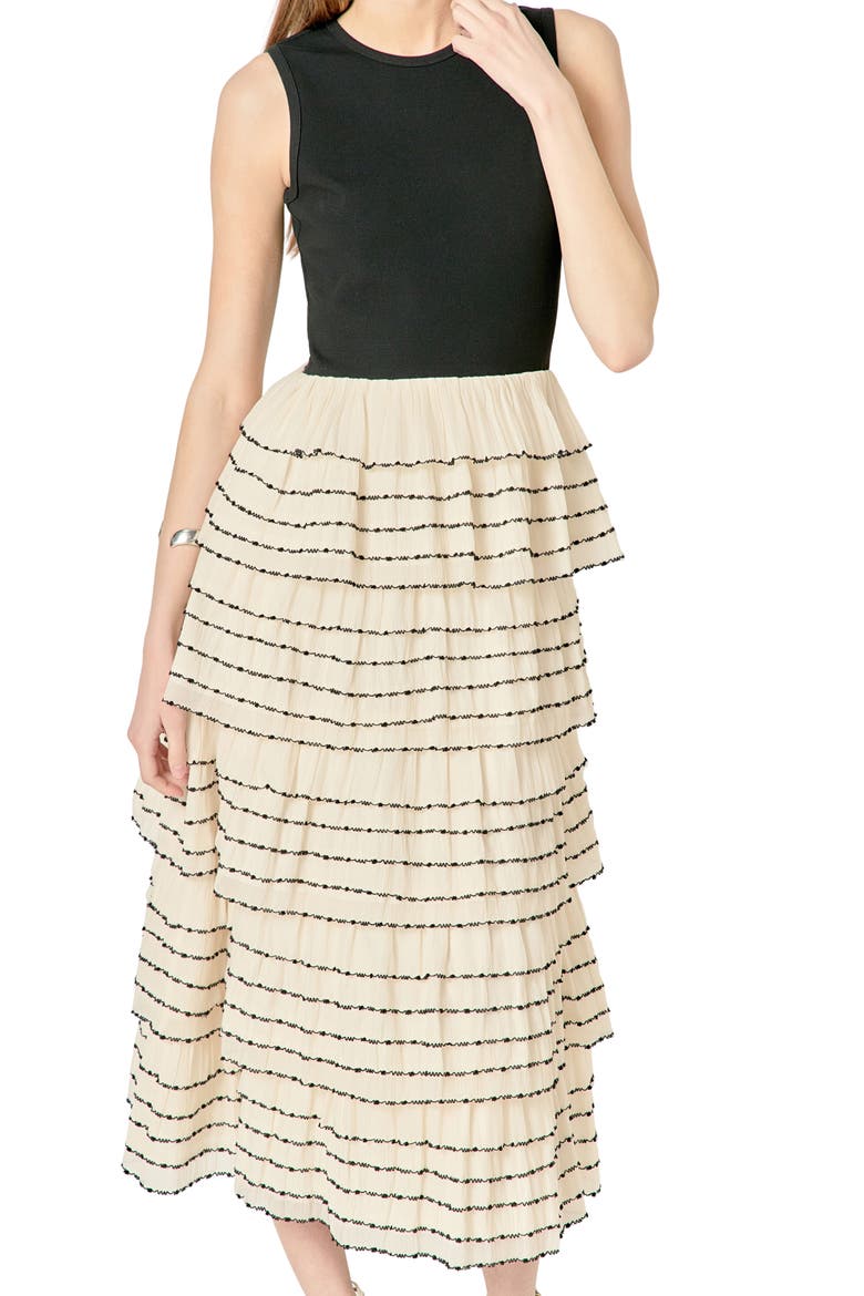Mixed Media Tiered Ruffle Dress, Alternate, color, TAN/IVORY
