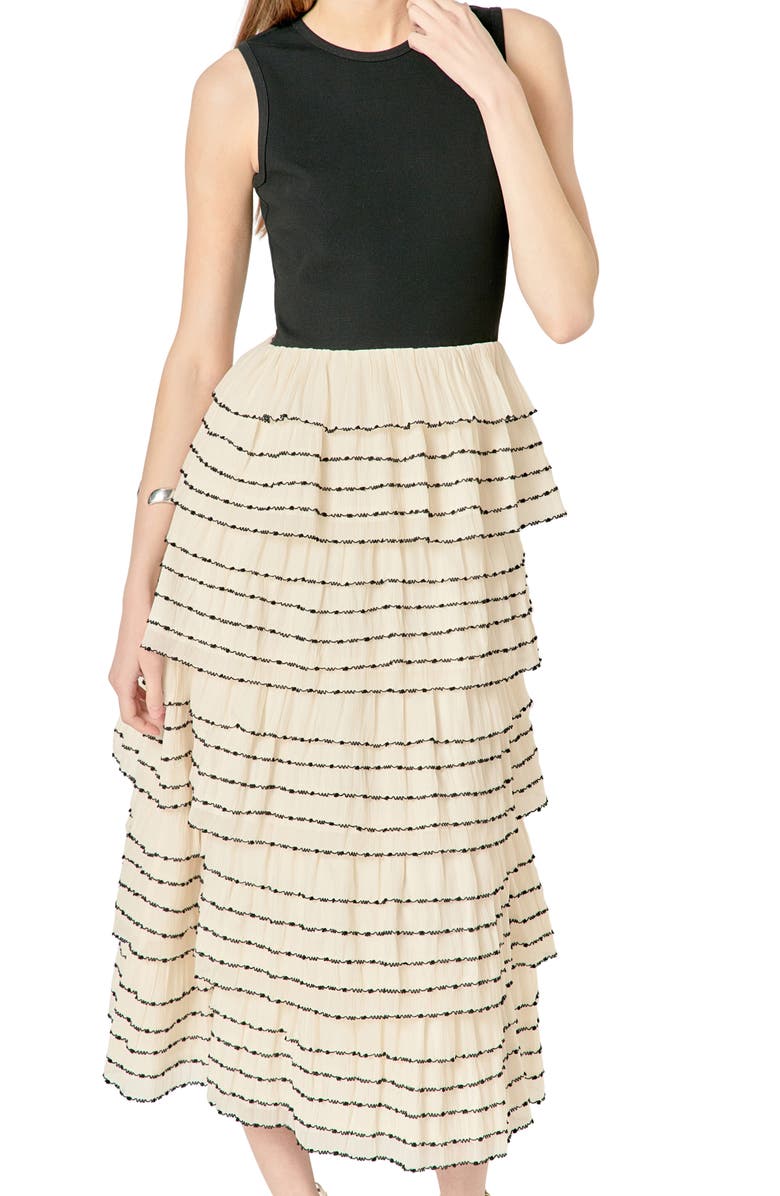 English Factory Mixed Media Tiered Ruffle Dress, Alternate, color, Tan/ Ivory