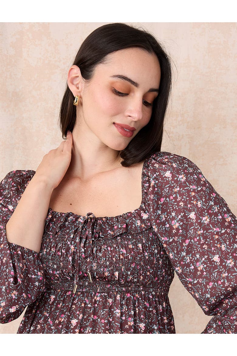 Smocked Babydoll Long Sleeve Mini Dress, Alternate, color, Tawny Port Floral