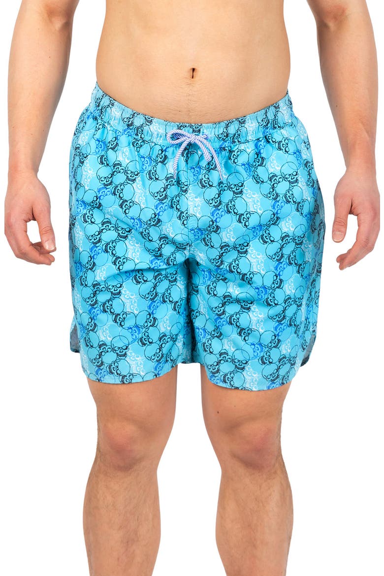 Skulls Print Swim Trunks, Main, color, BRIGHT TEAL