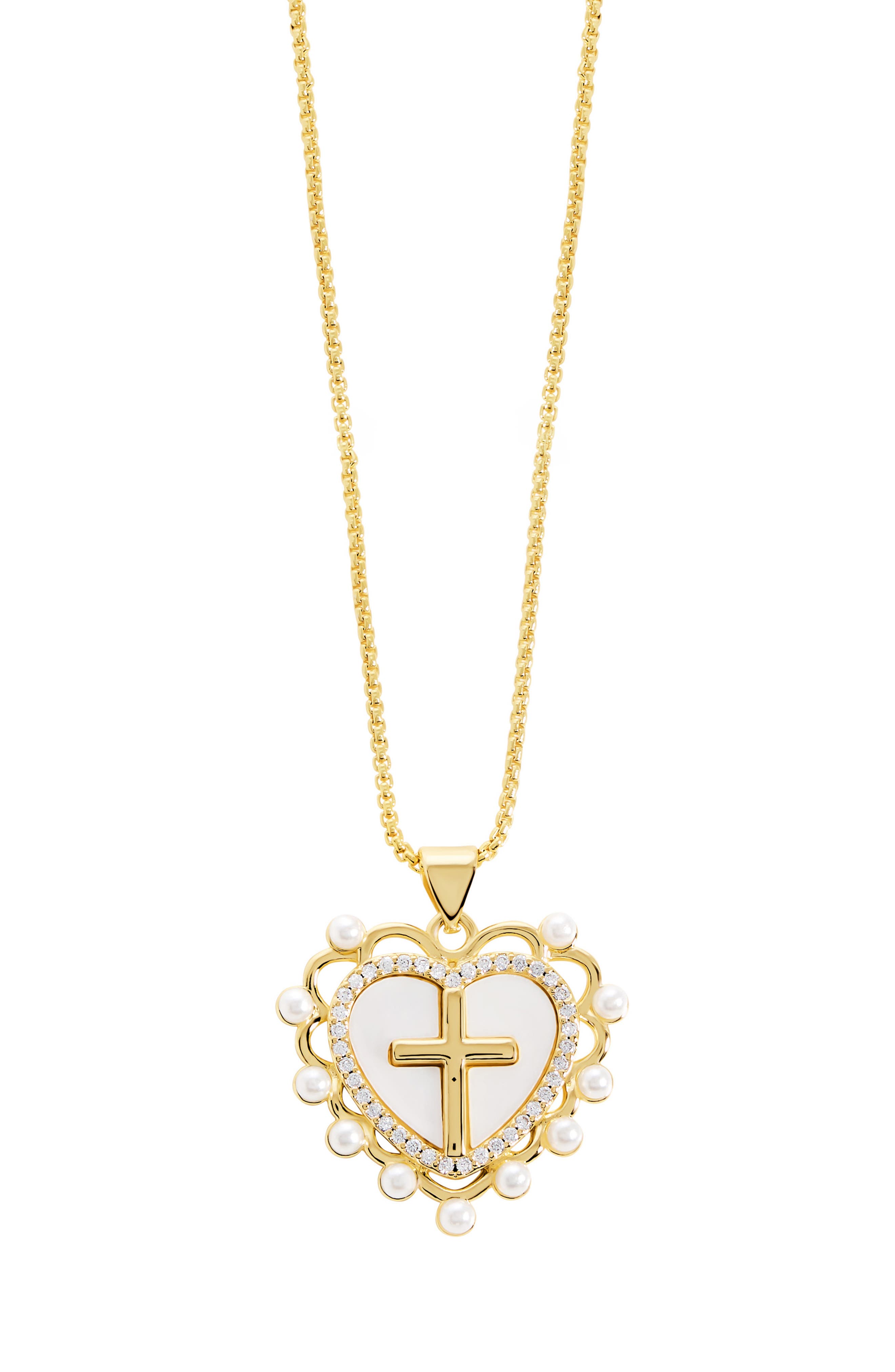 Athra Luxe Simulated Pearl Heart & Cross Pendant Necklace In Gold