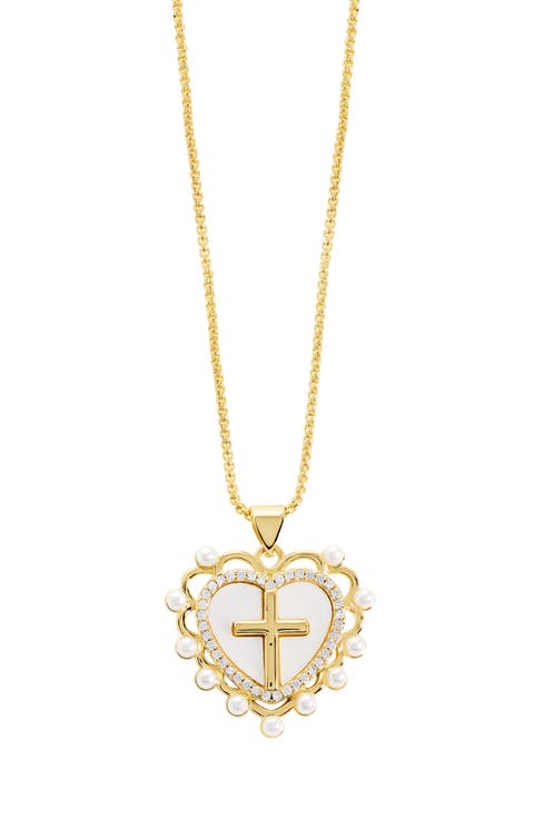 Simulated Pearl Heart & Cross Pendant Necklace