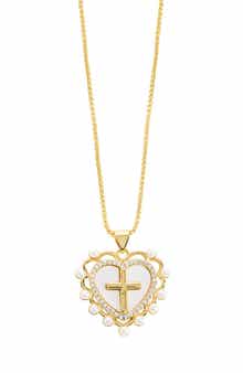 Simulated Pearl Heart & Cross Pendant Necklace