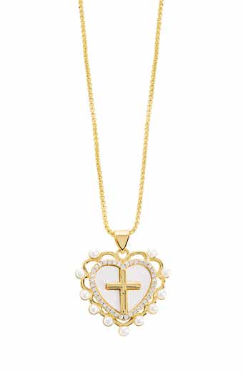 Simulated Pearl Heart & Cross Pendant Necklace