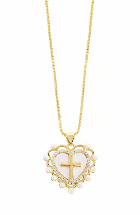Simulated Pearl Heart & Cross Pendant Necklace