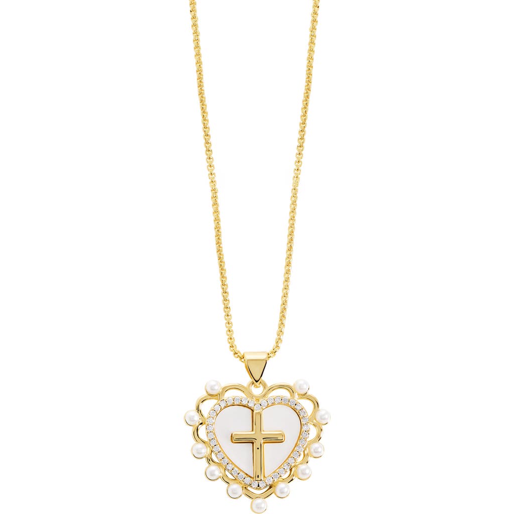 Athra Luxe Simulated Pearl Heart & Cross Pendant Necklace In Gold