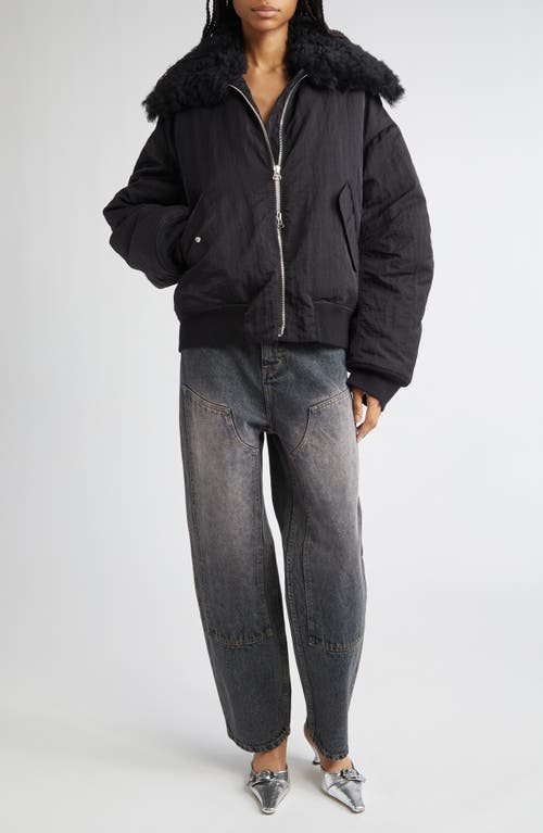 Eckhaus Latta Nylon Bomber Jacket With Genuine Shearling Collar In Black