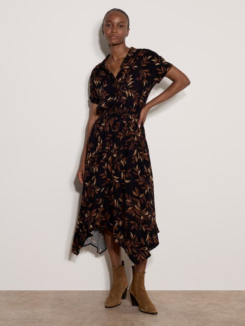 Painterly Leaf Hanky Hem Midi Dress