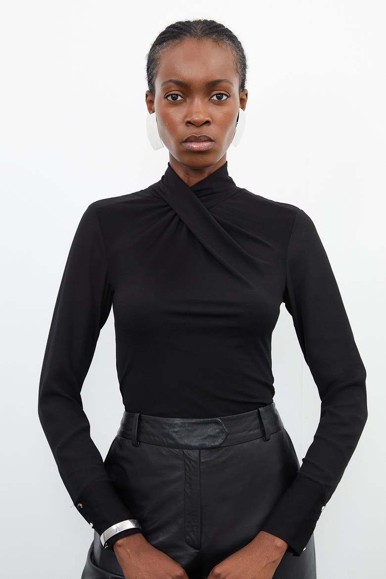 Jersey And Georgette Mix High Neck Top, Main, color, Black