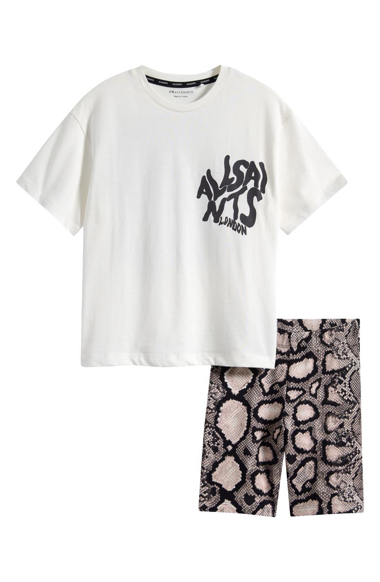 smALLSAINTS by ALLSAINTS Kids' Orlando Graphic T-Shirt & Snake Print Bike Shorts Set, Main, color, White