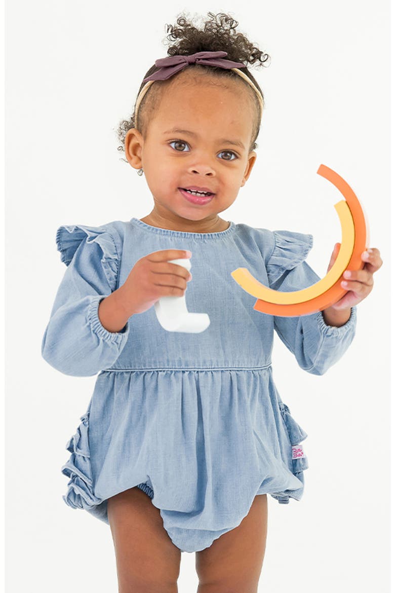 Ruffle Denim Bubble Romper & Tights Set, Alternate, color, LIGHT WASH DENIM