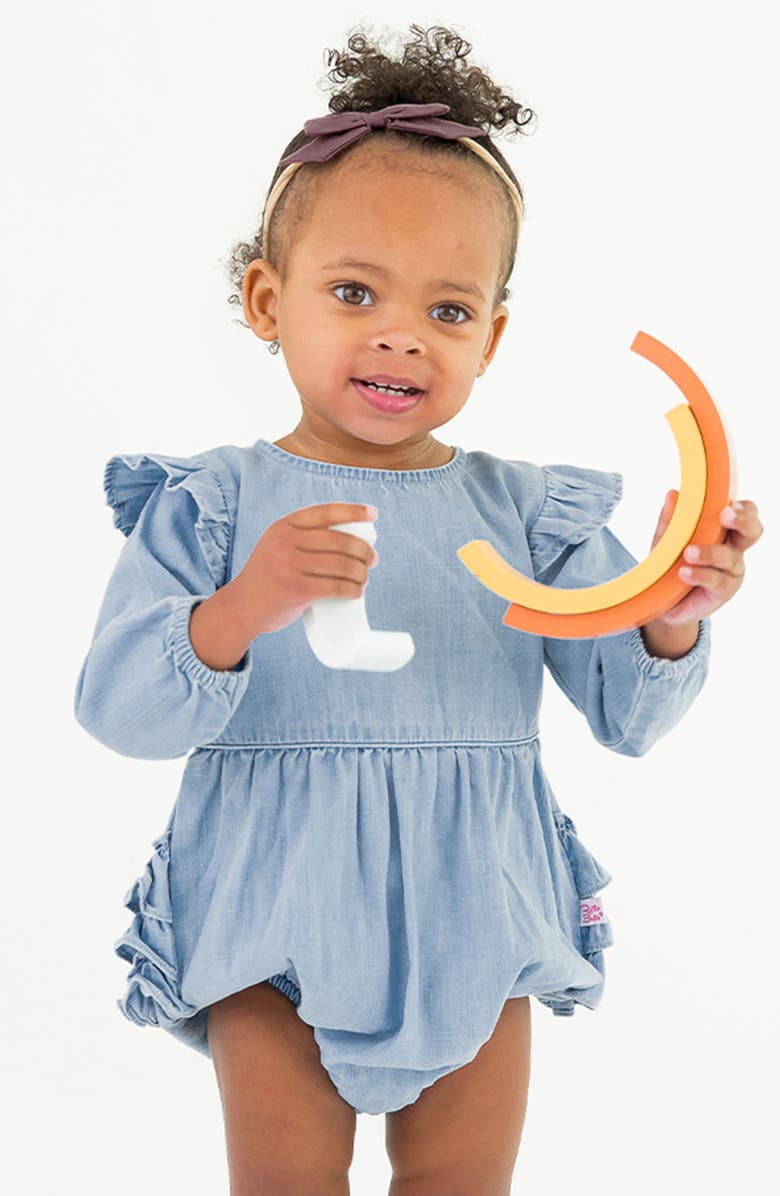RuffleButts Ruffle Denim Bubble Romper & Tights Set, Alternate, color, Light Wash Denim