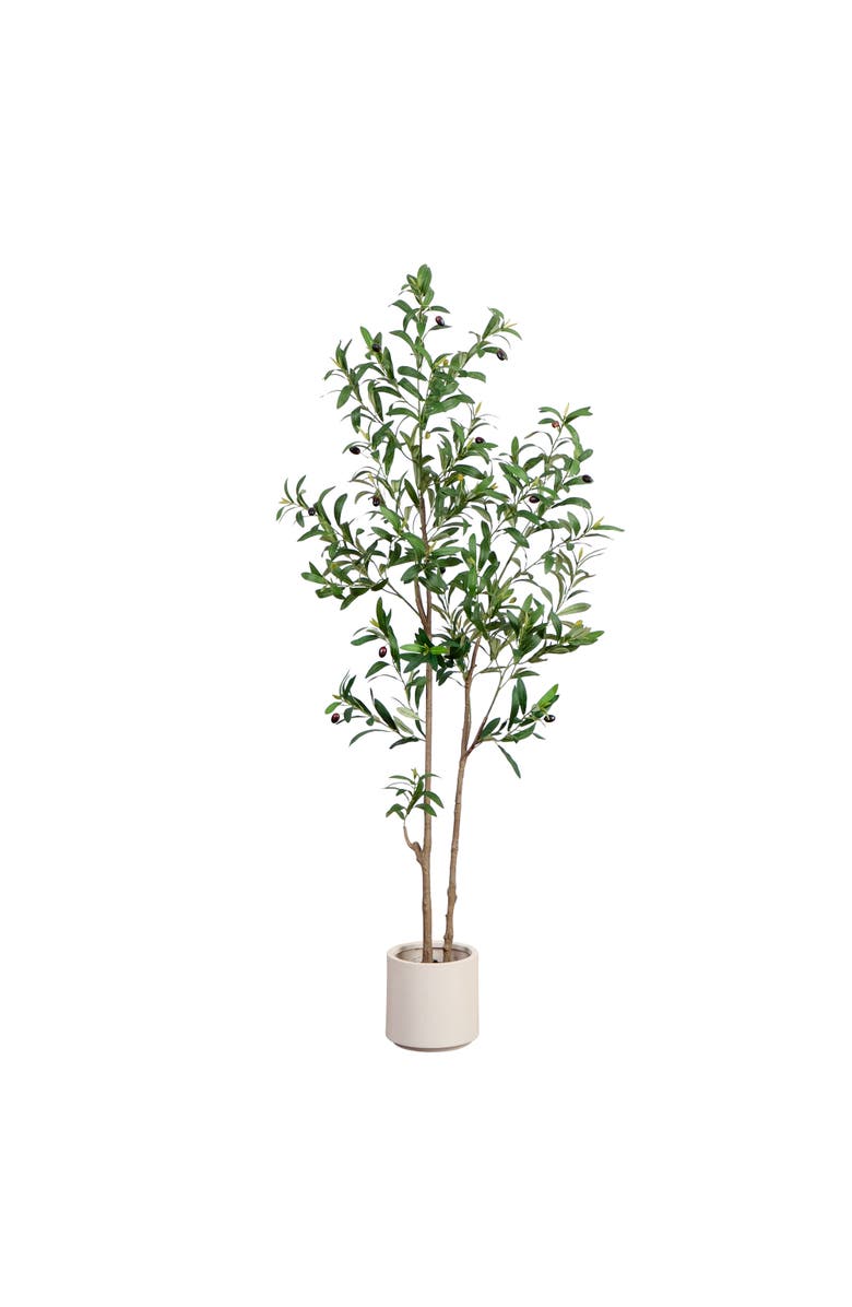 NEARLY NATURAL 5-ft Artificial Minimalist Olive Tree in White Decorative Planter, Main, color, Green