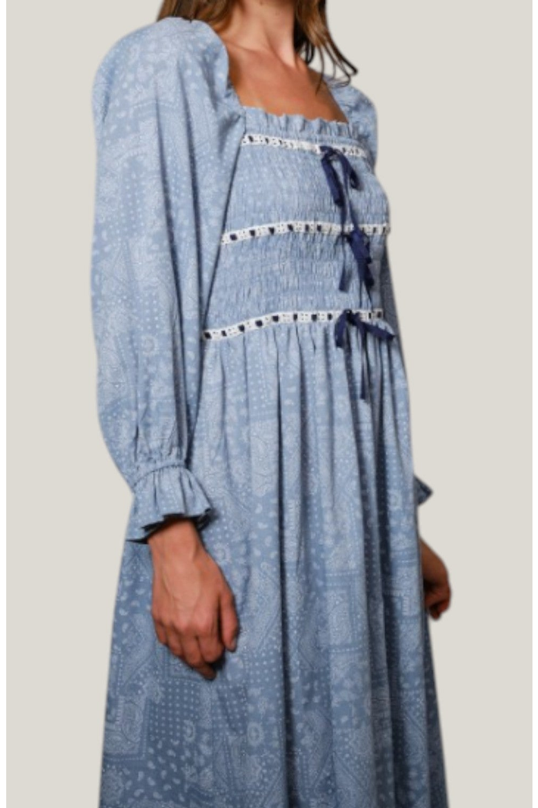 Paisley Print Smocked Bodice Midi Dress with Bow Accents, Alternate, color, Paisley Print