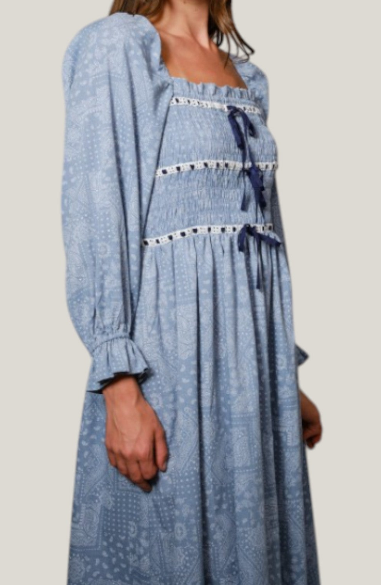 Modenaire Paisley Print Smocked Bodice Midi Dress with Bow Accents, Alternate, color, Paisley Print