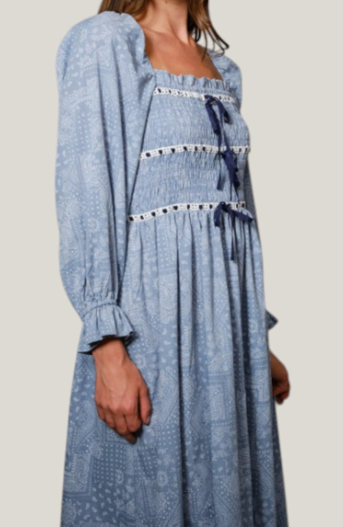Modenaire Paisley Print Smocked Bodice Midi Dress With Bow Accents In Blue