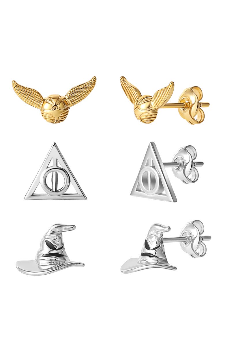 HARRY POTTER Deathly Hallows and Golden Snitch 18k Gold or Silver Flash-Plated Studs, Main, color, 