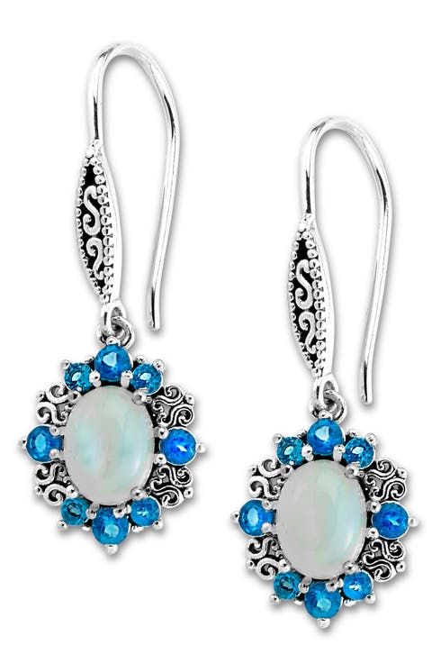 Sterling Silver Oval Opal & Semiprecious Stone Halo Drop Earrings