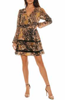 Socialite Mixed Print Tiered Hem Long Sleeve Minidress