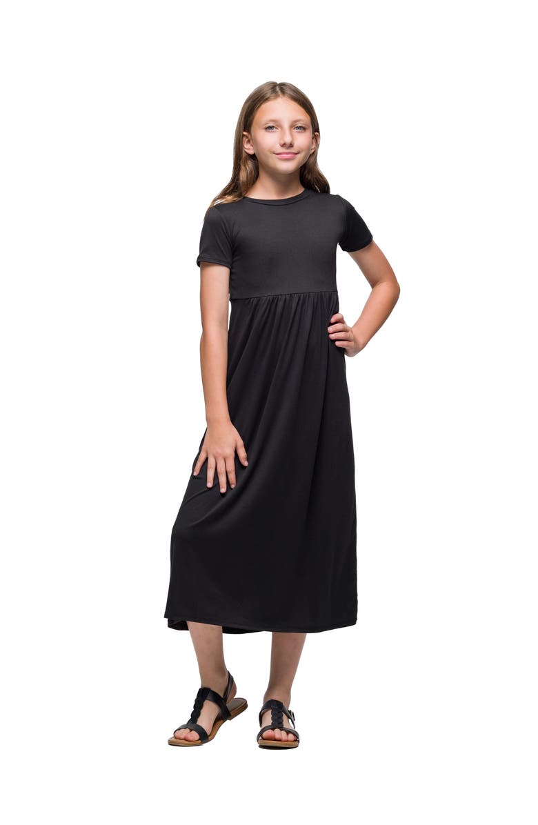 24sevenKid Short Sleeve Pleated Midi Dress, Main, color, Black