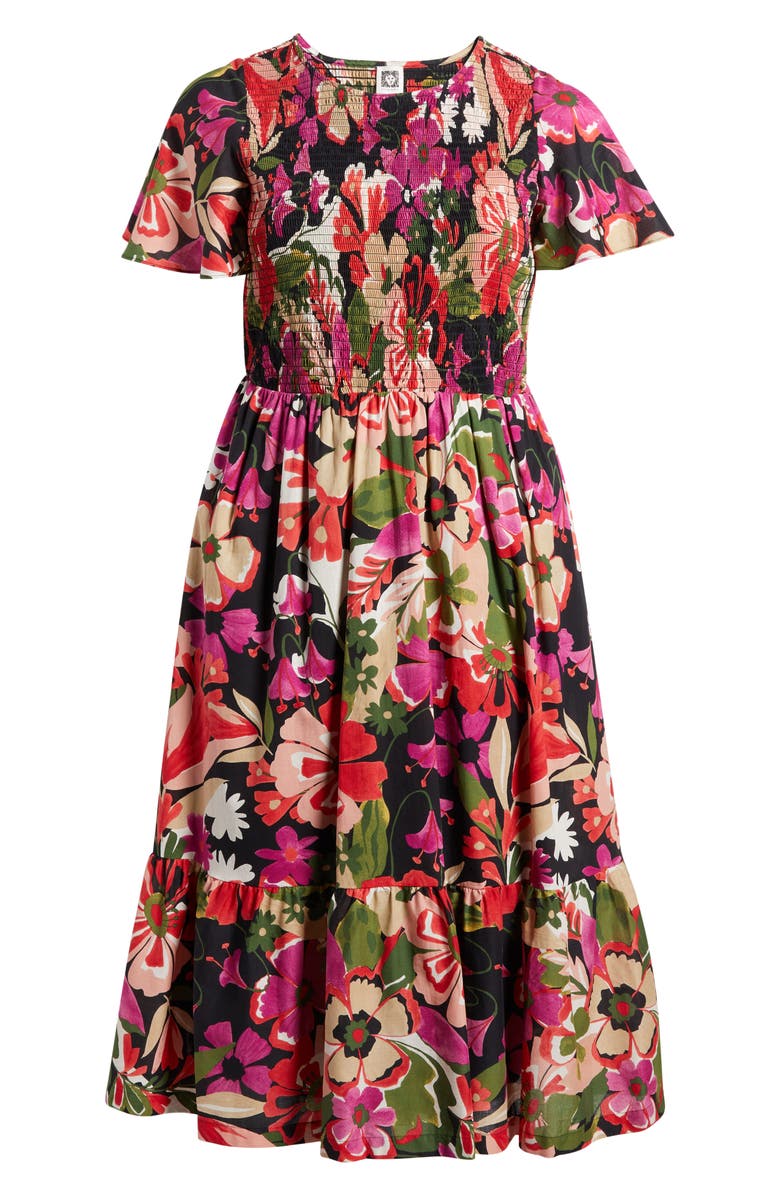 Anne Klein Floral Smocked Flutter Sleeve Cotton Maxi Dress, Alternate, color, Anne Black Multi