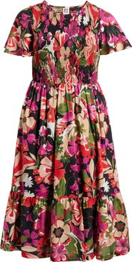 Anne Klein Floral Smocked Flutter Sleeve Cotton Maxi Dress