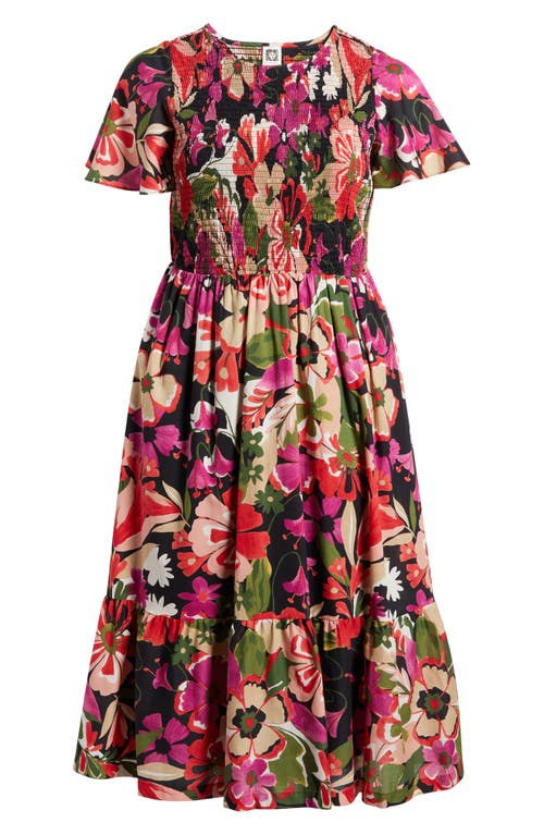 Anne Klein Floral Smocked Flutter Sleeve Cotton Maxi Dress In Multi