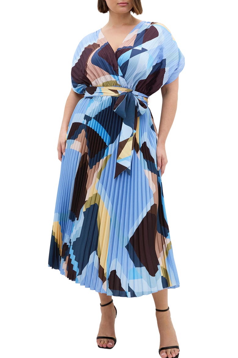 Hailey Geometric Print Pleated Maxi Dress, Main, color, BLUE ABSTRACT