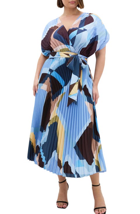 Hailey Geometric Print Pleated Maxi Dress