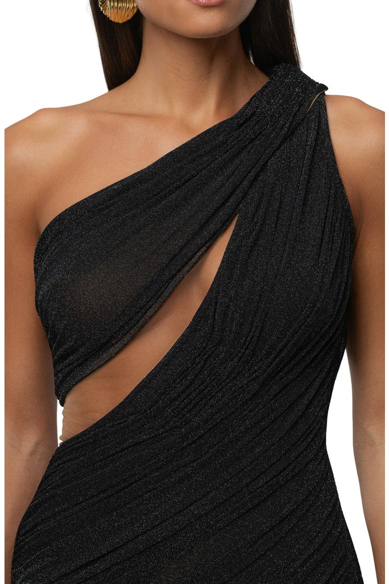 Aura Shimmer One Shoulder Ruched Midi Dress, Alternate, color, BLACK