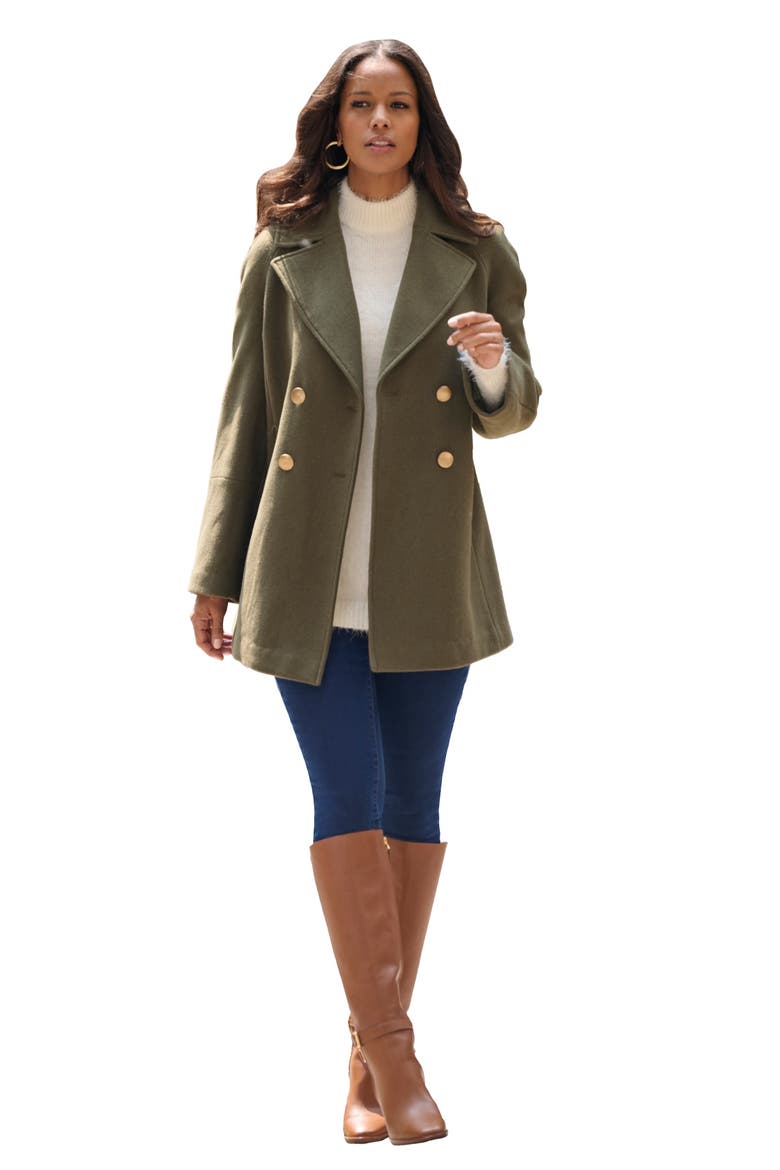 Plus Size Wool Blend A Line Peacoat, Main, color, DARK OLIVE GREEN