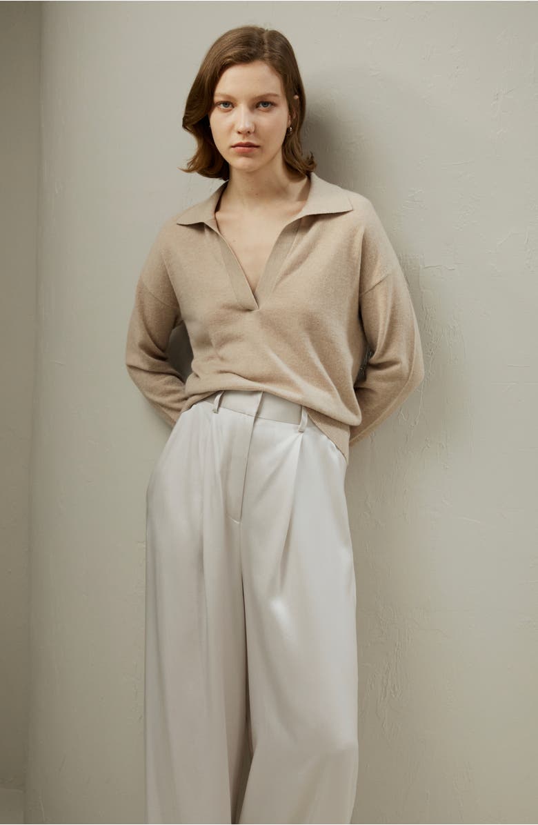 Lilysilk Women's V Neck Cashmere Polo Sweater, Alternate, color, Beige