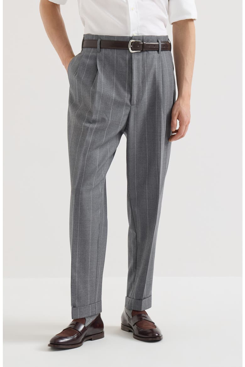 Virgin wool chalk stripe trousers with double pleats, Main, color, Medium Grey