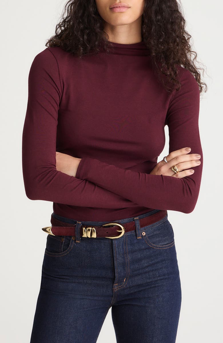 Madewell Ruched Mock Neck Long Sleeve Top, Main, color, Dark Pomegranate