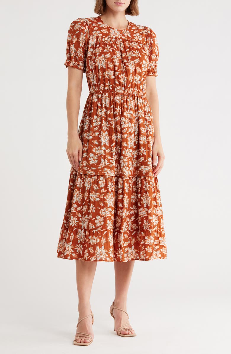 Maisie Rubin Short Puff Sleeve Tiered Maxi Dress, Main, color, Mocha Floral