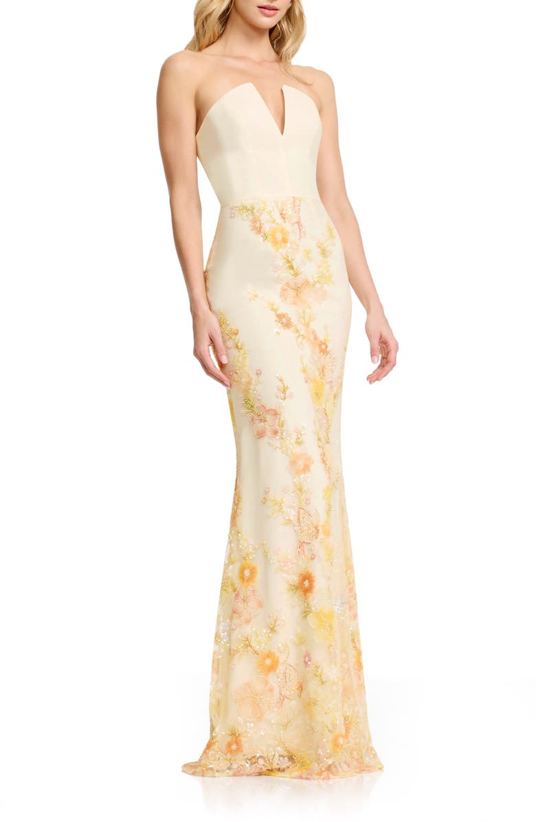 Dress the Population Fernanda Bead Embellished Floral Strapless Gown, Alternate, color, Ivory Multi