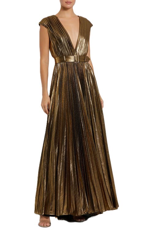 Mac Duggal Pleated Metallic Jersey Gown With Belt In Bronze