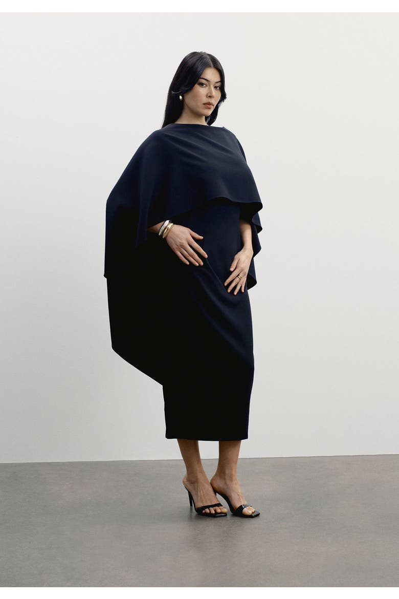 Structured Cape Midi Dress, Alternate, color, BLACK BEAUTY
