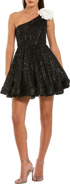 Mac Duggal One Shoulder Sequin Mini Dress With 3D Flower
