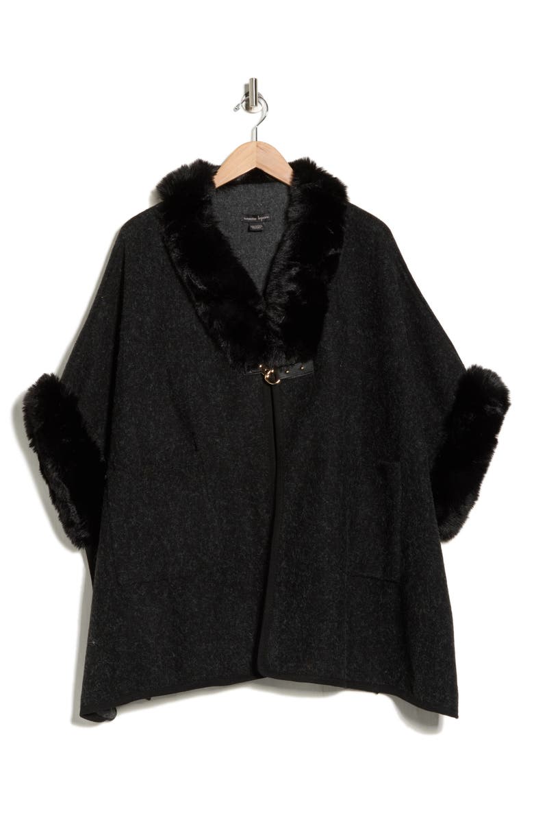 Nanette Lepore Faux Fur Trim Ruana, Alternate, color, Black