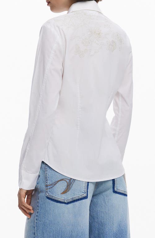 Desigual Embroidered Long Sleeve Stretch Cotton Button-up Shirt In White