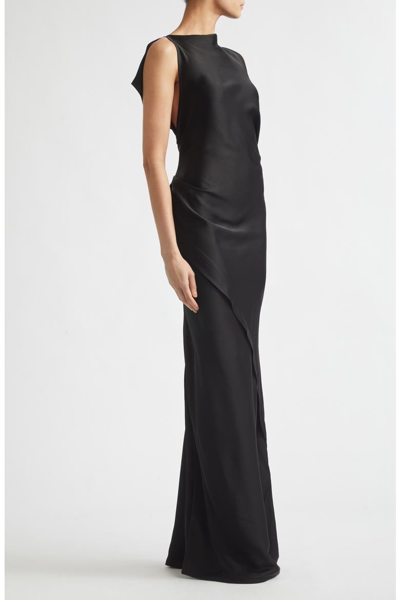 Kyra Sleeveless Draped Satin Gown, Alternate, color, BLACK
