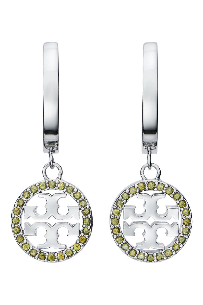 Icon Pavé Clip-On Hoop Earrings, Main, color, TORY SILVER / OLIVE