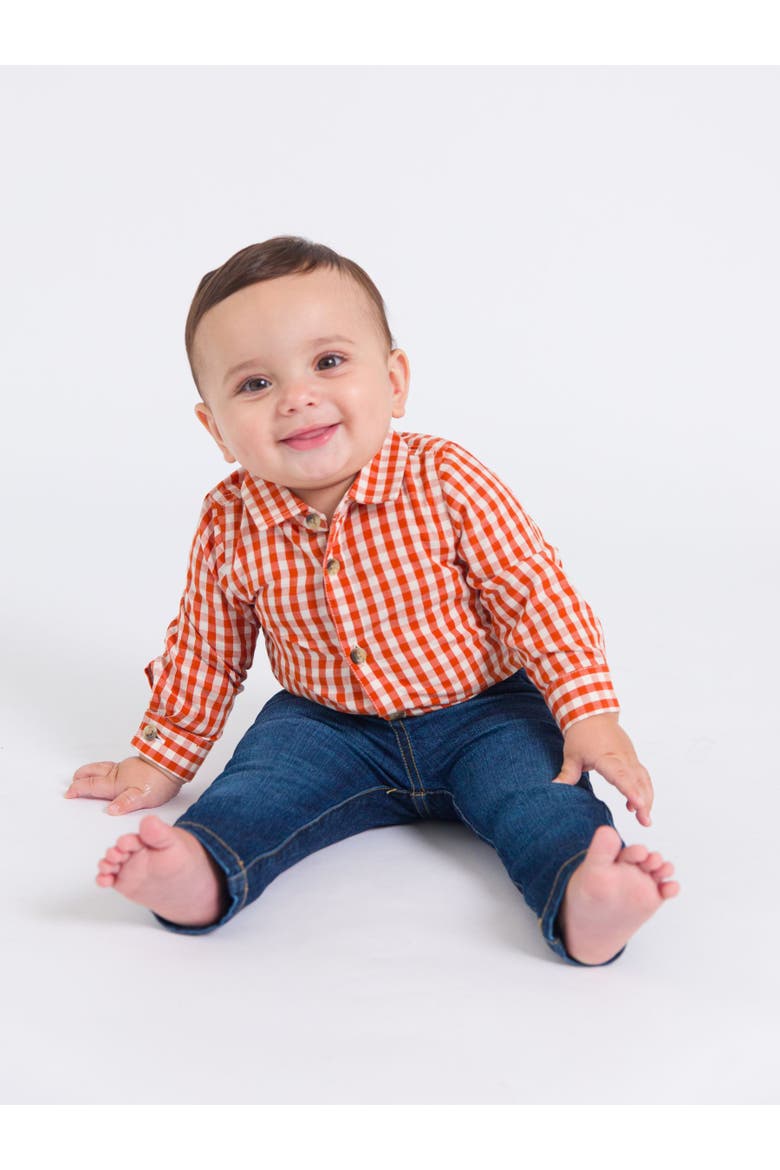 Baby Boys Long Sleeve Button Down Bodysuit, Alternate, color, Classic Rust Gingham