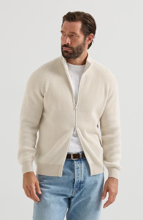 Cashmere vanisé English rib high-neck cardigan with zipper