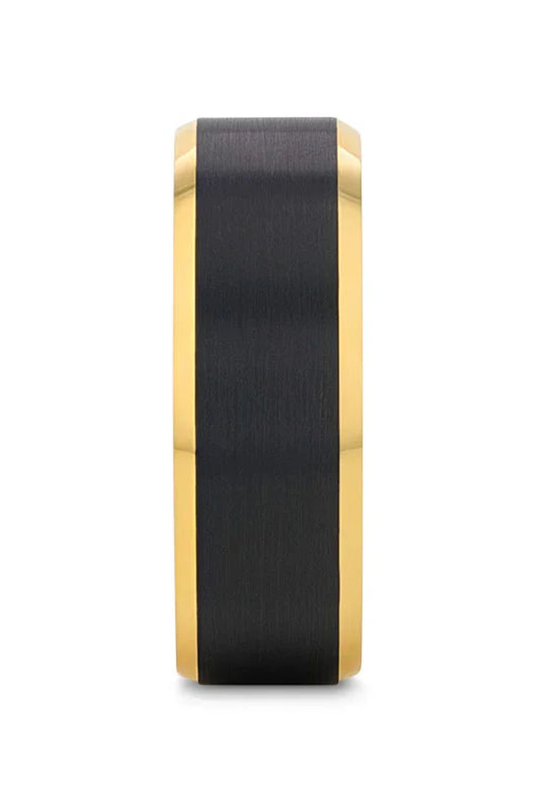 Gaston Tungsten Beveled Ring With Brushed Center, Main, color, Black / Gold 8mm