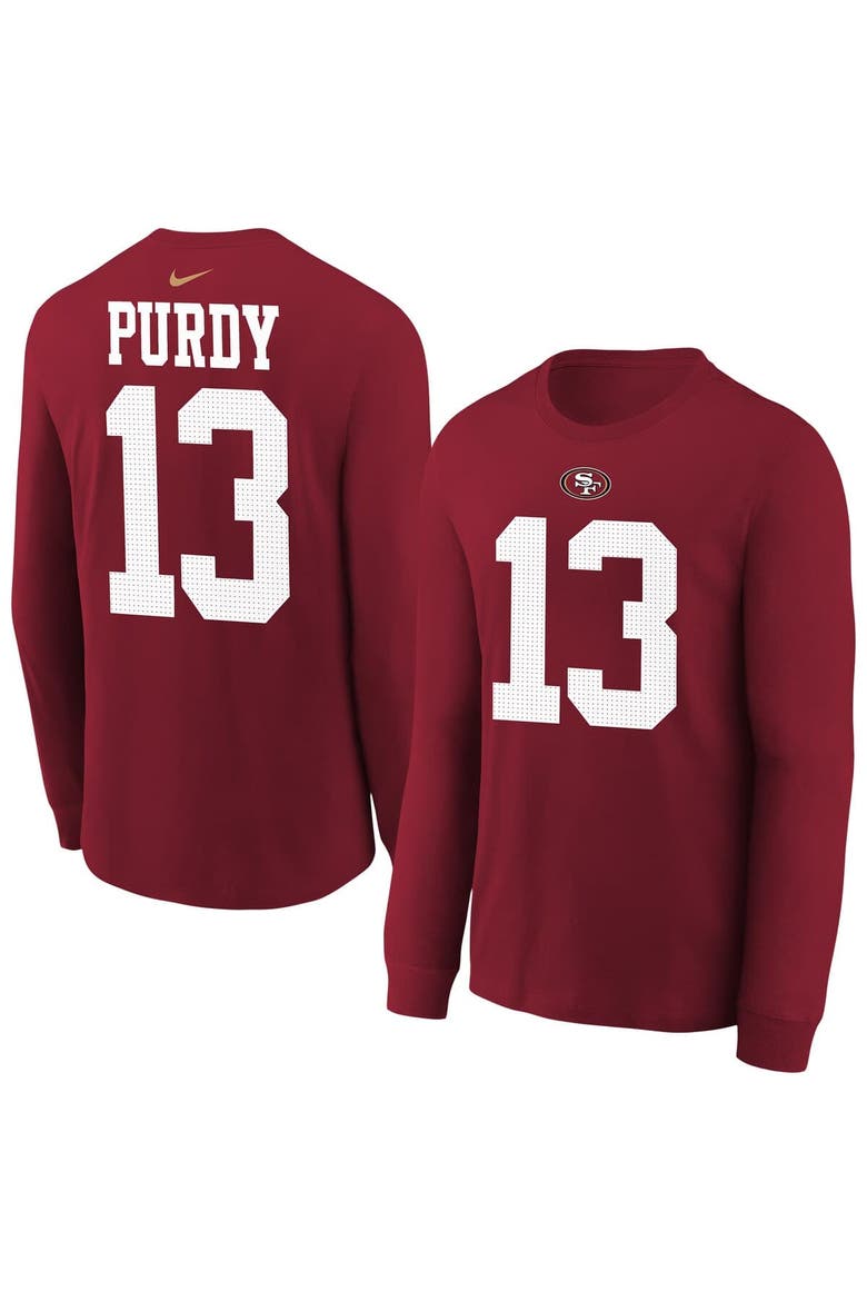 Youth Nike Brock Purdy Scarlet San Francisco 49ers Player Name & Number Long Sleeve T-Shirt, Main, color, Scarlet